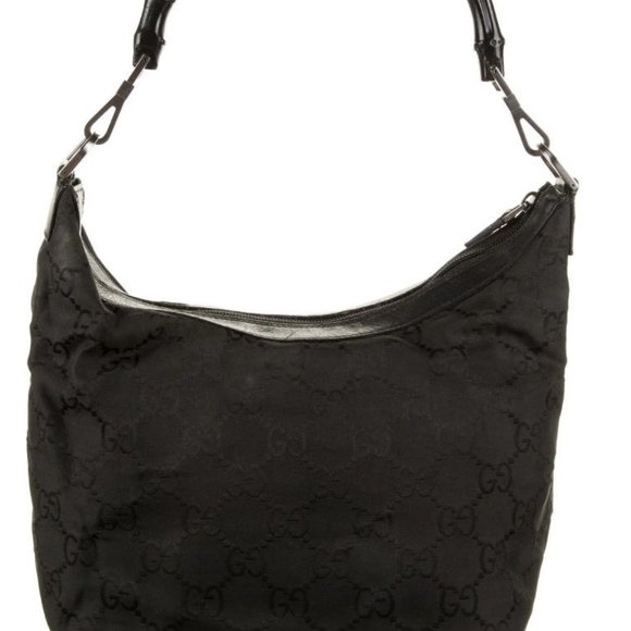 Gucci GG Black Nylon Bamboo Handle Hobo Bag Leather Trim Gunmetal Hardware - Picture 3 of 5